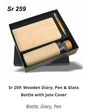 Sr 259: Wooden Diary, Pen & Glass Bottle with Jute Cover