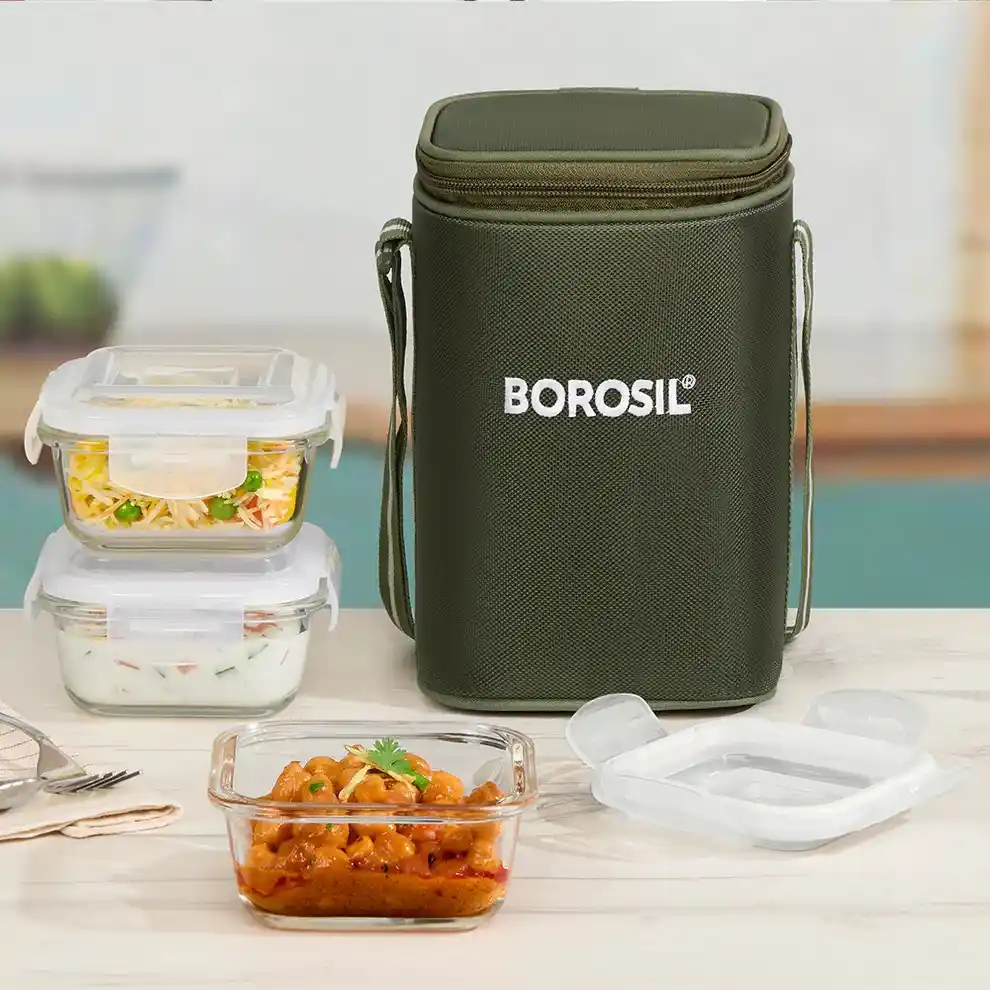 BOROSIL Eateasy Glass Lunchbox, Square x 3, 320ml x 3