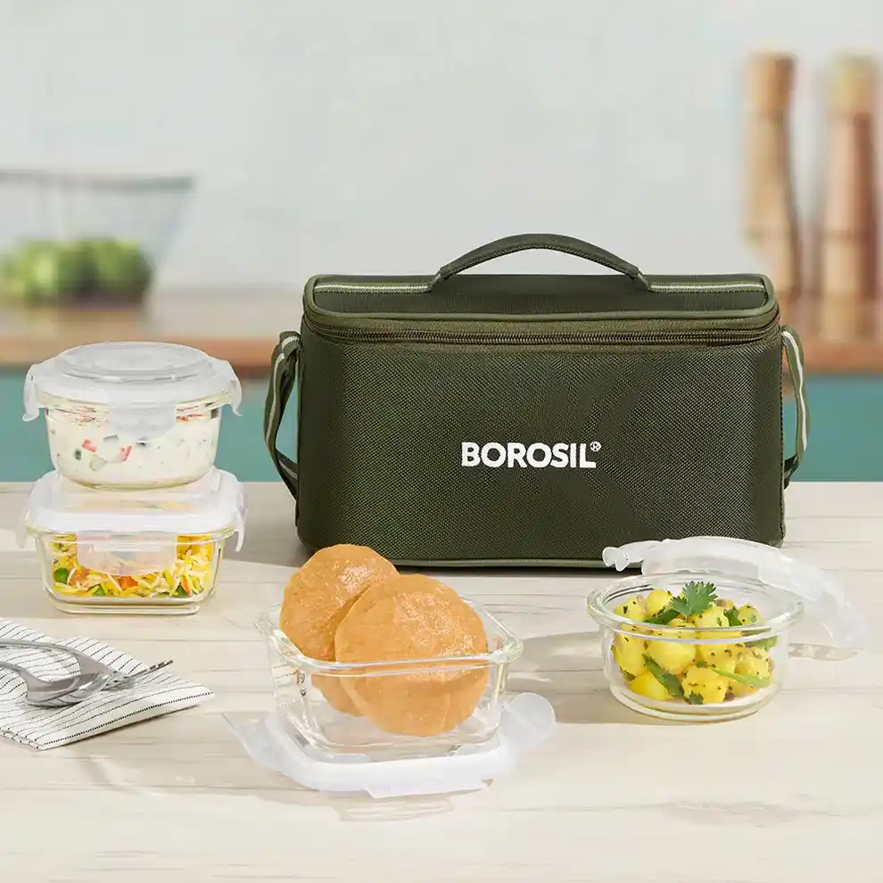 BOROSIL Eateasy Universal Glass Lunchbox, 320ml x 2 + 240ml x 2