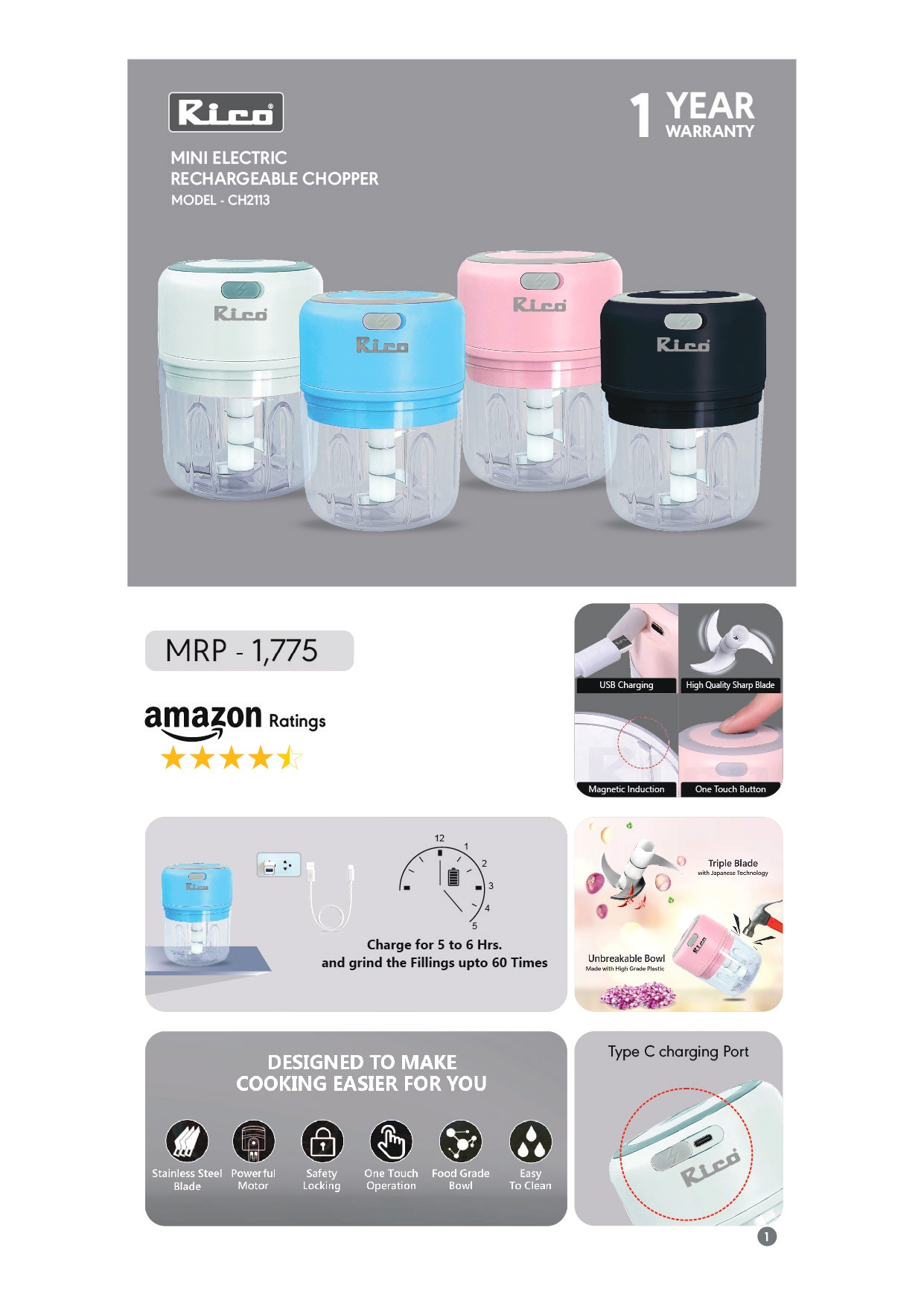 Model- CH2113 Mini Electric Rechargeable Chopper