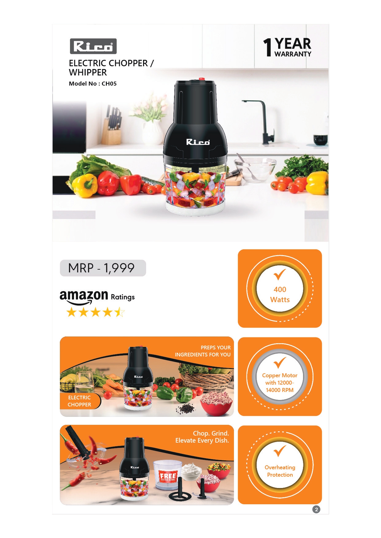 Model No: CH05 Whipper Electric Chopper