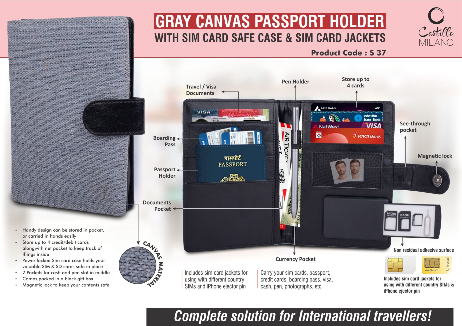 S37 – Gray Canvas Passport holder with Sim Card Safe Case & Sim Card Jackets