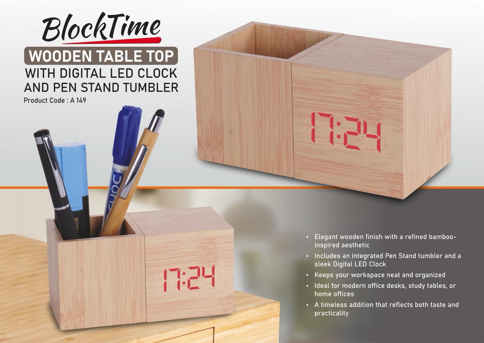 A149 – BlockTime: Wooden Table Top with Digital LED Clock and Pen Stand tumbler