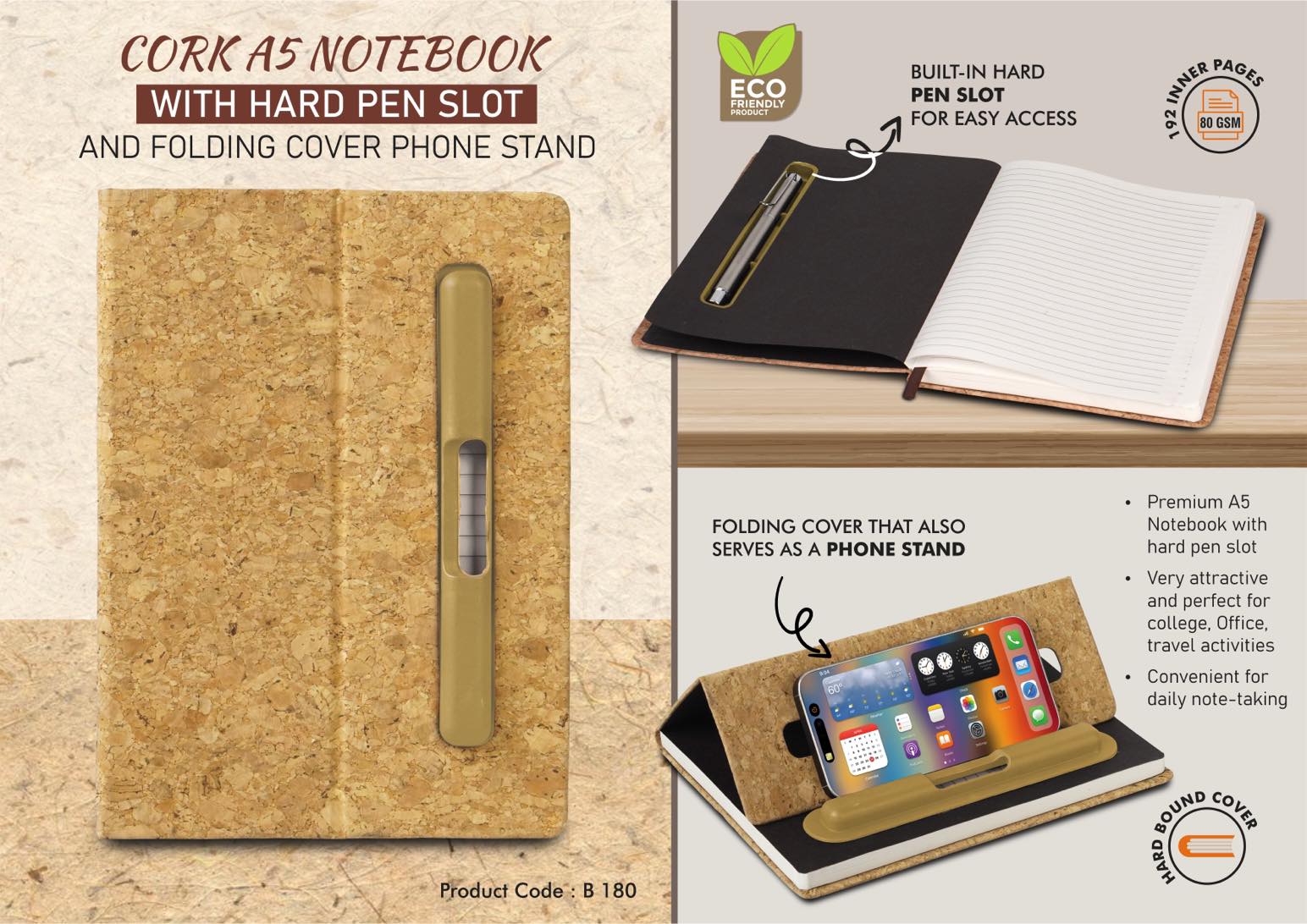 B180 – Cork A5 Notebook with Hard pen slot and Folding cover Phone Stand