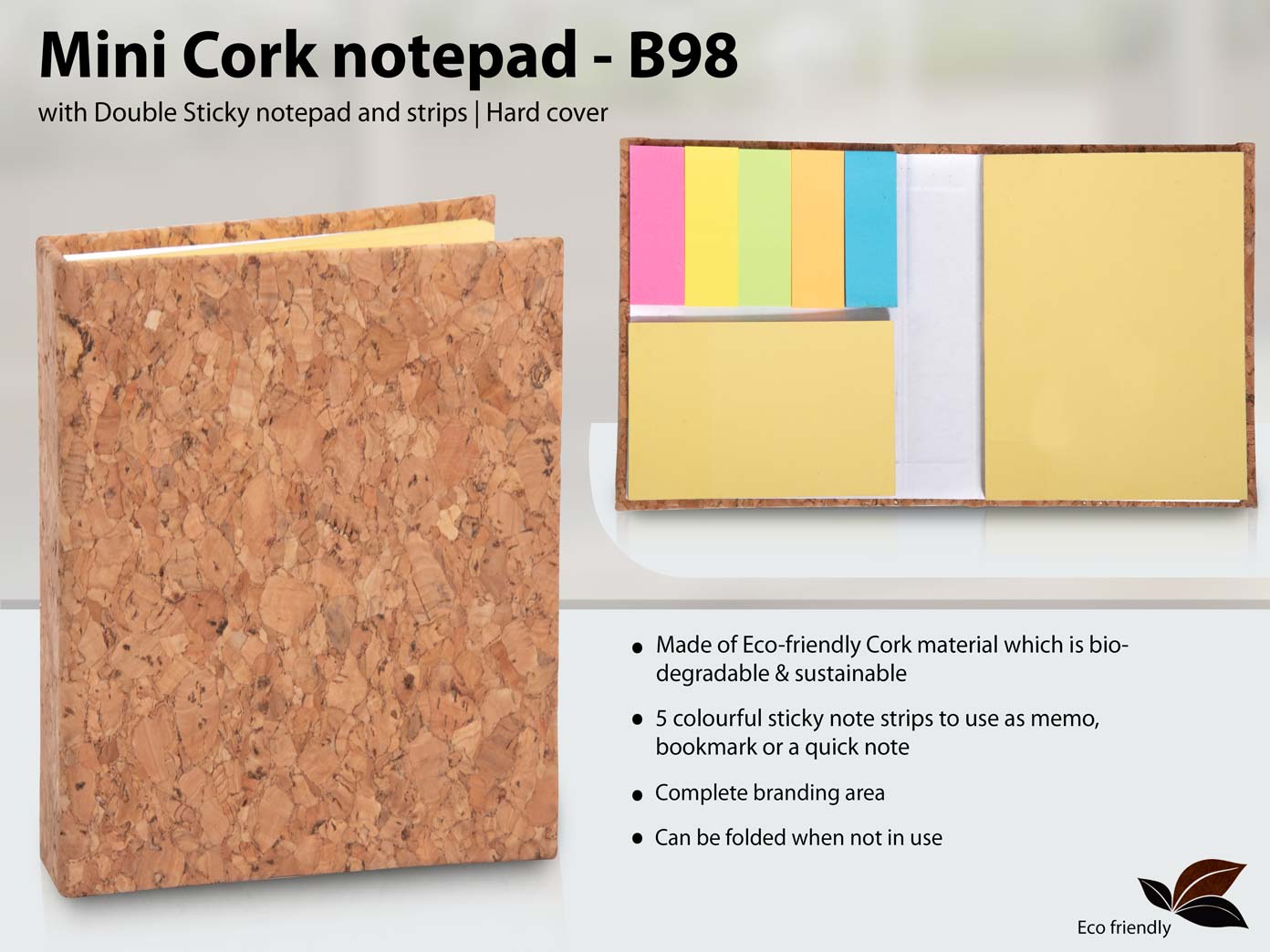 B98 – Mini Cork notepad with Double Sticky notepad and strips | Hard cover