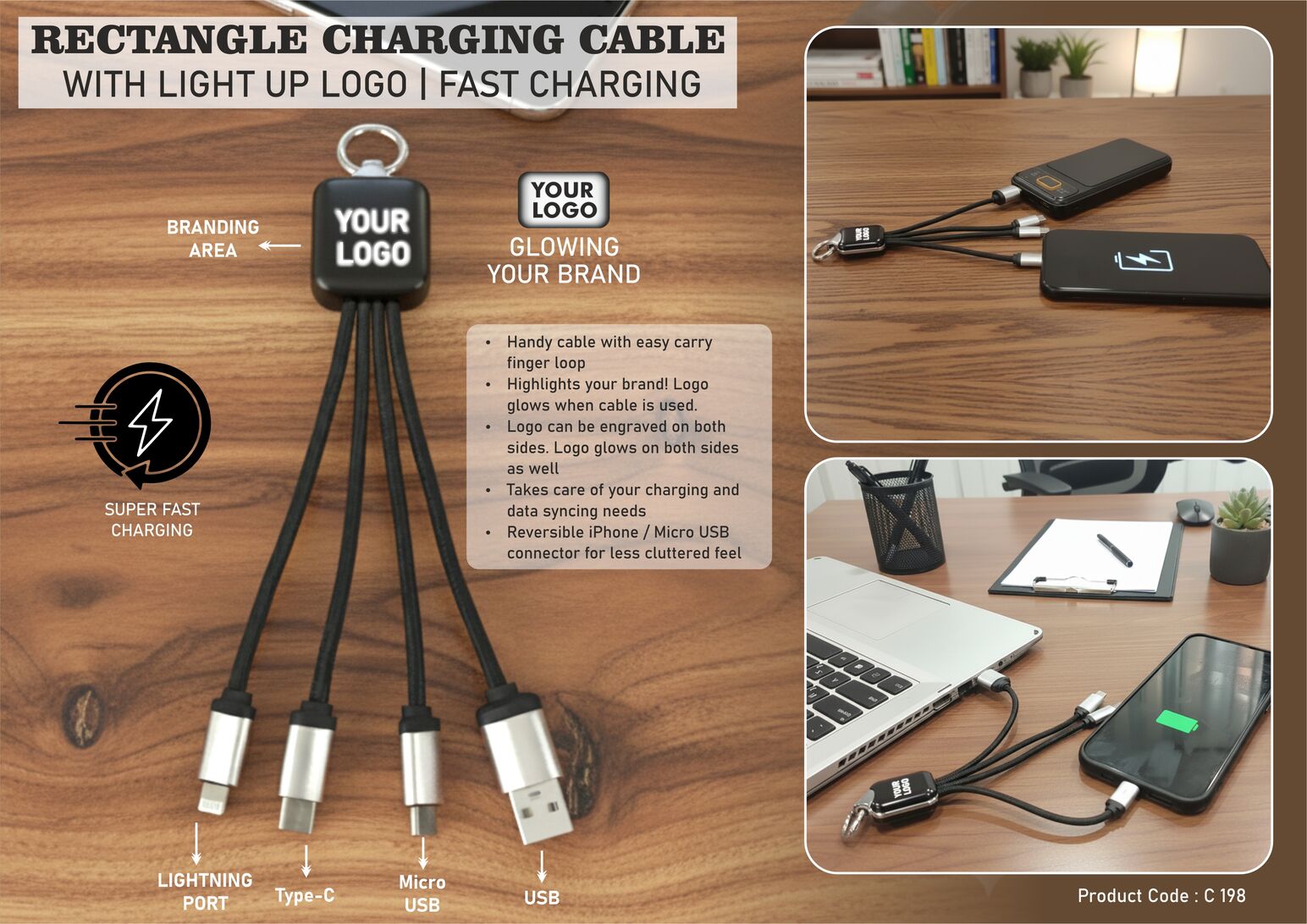 C198 – PowerGlow Rectangle Charging cable with Light Up Logo | Separate wires for all connectors | Fast charging