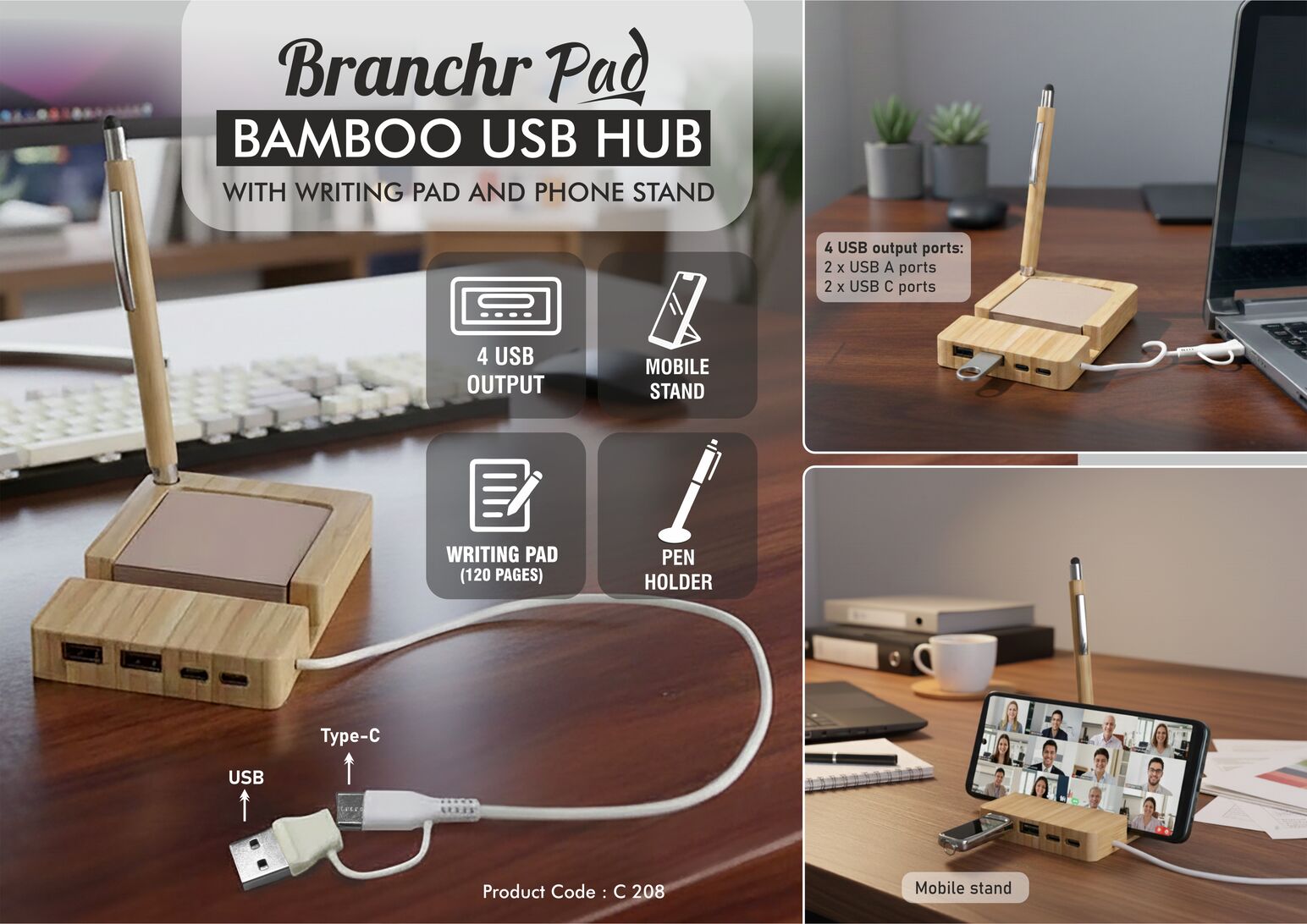 C208 – Branchr Pad: Bamboo USB hub with Writing pad and Phone stand | 120 writing sheets