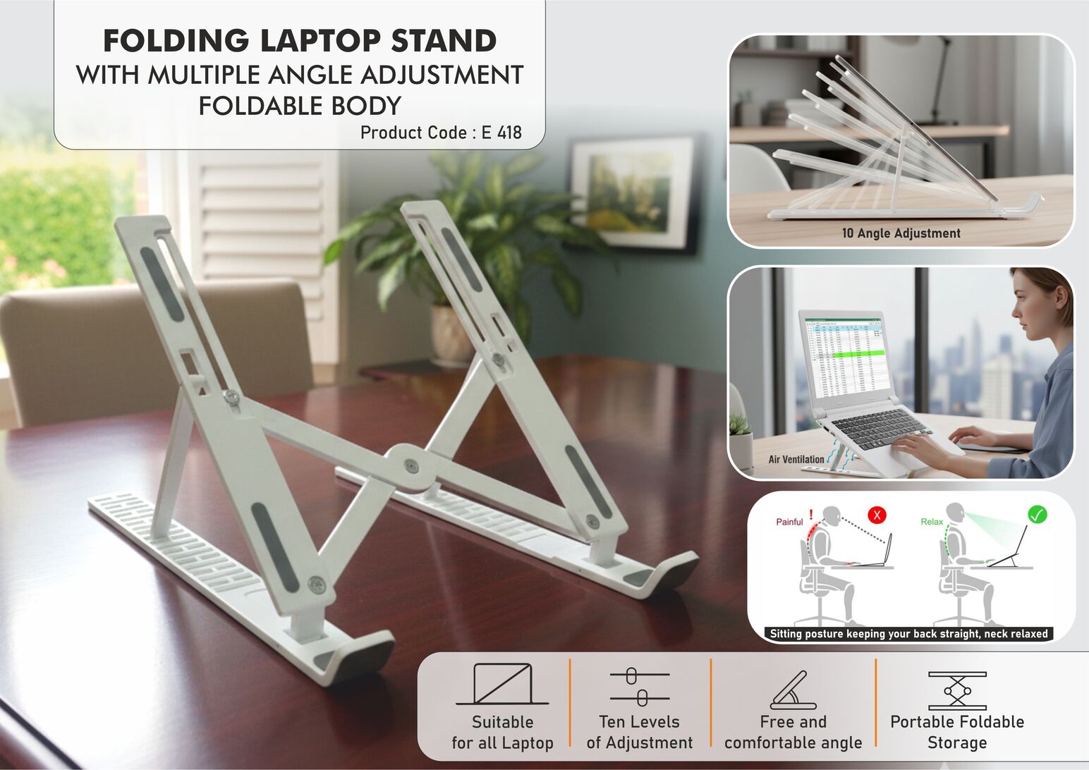 E418 – Folding laptop stand with Multiple Angle adjustment | Foldable body