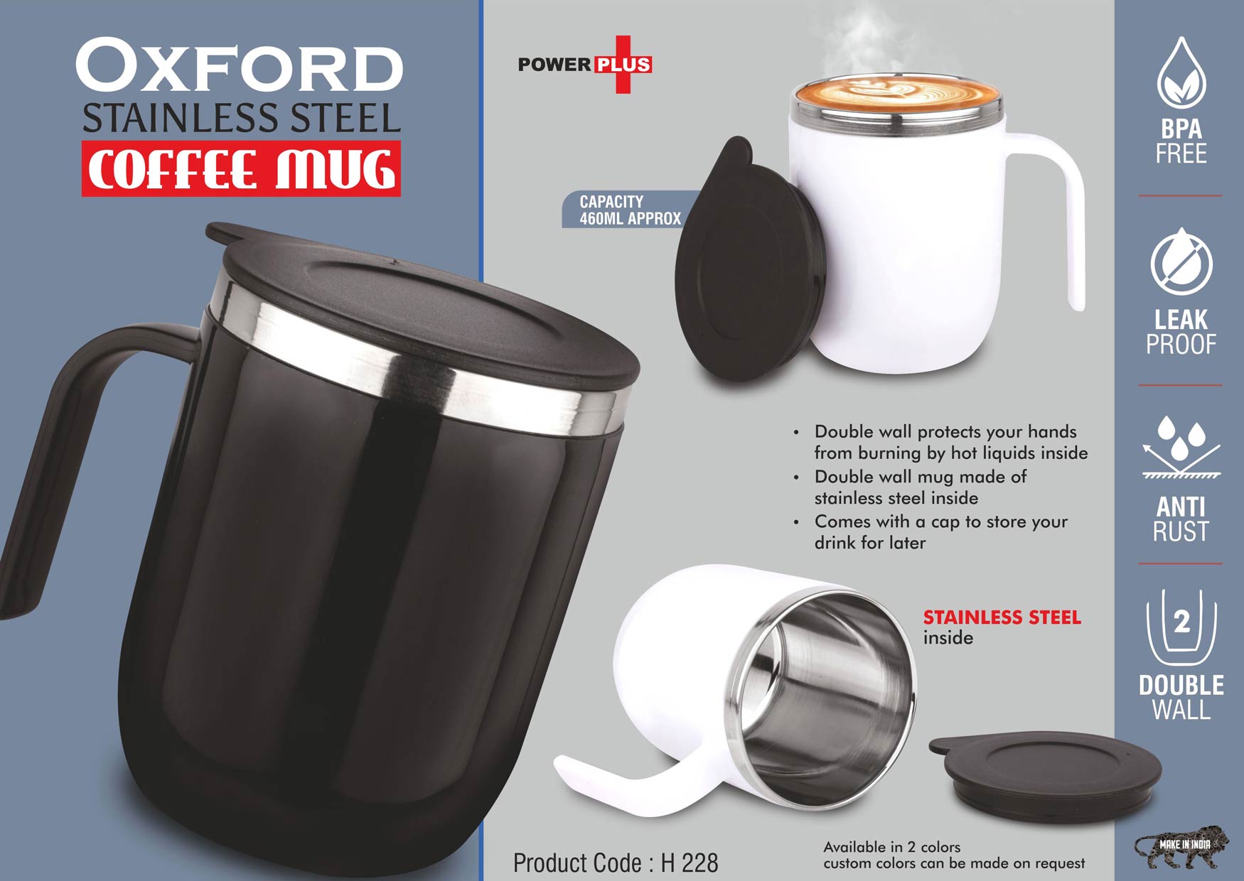 H228 – Oxford: Stainless Steel Double wall Coffee mug with Round handle | Leakproof | Capacity 460ml approx
