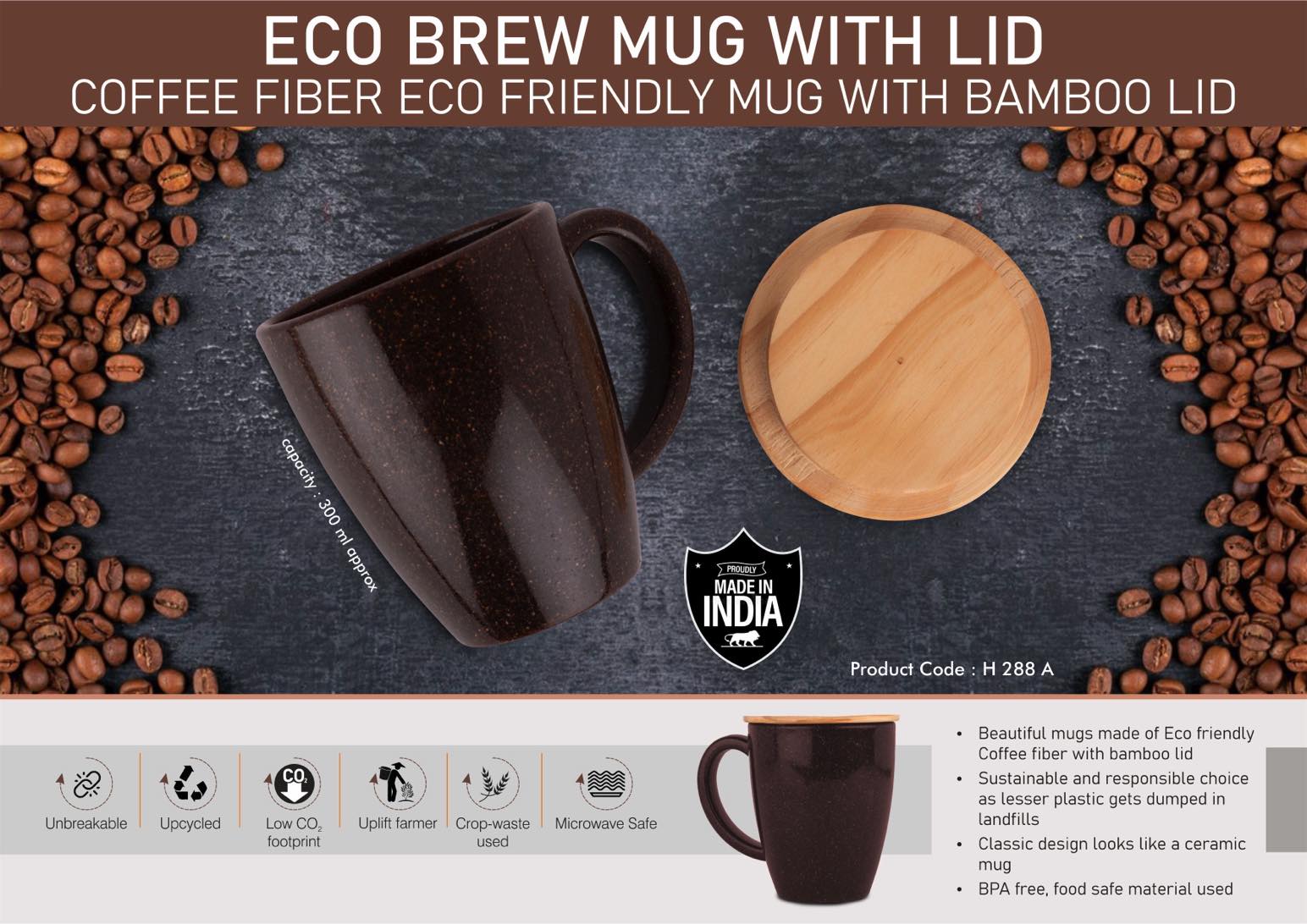 H288a – EcoBrew Mug with Lid : Coffee Fiber Eco Friendly Mug with Bamboo Lid | Capacity 300ml approx
