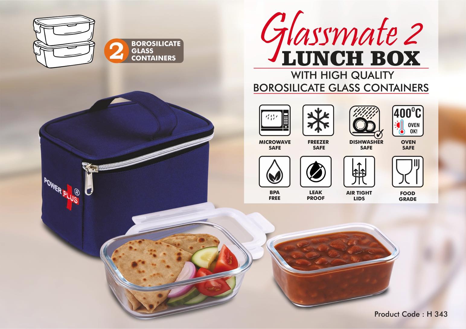 H343 – GlassMate 2 Lunch Box: Lunch box with High quality borosilicate glass Containers | 2 containers