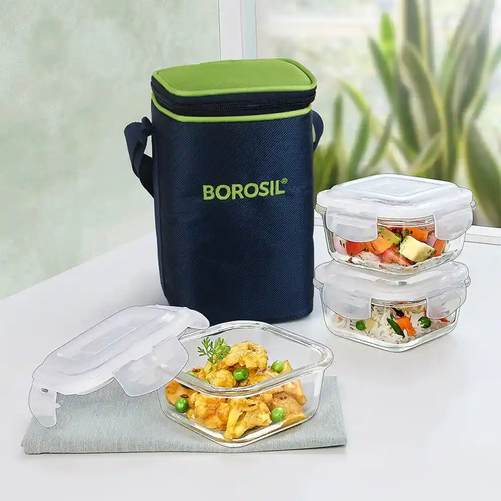 BOROSIL Alfa Green Glass Lunch Box, Square x 3 (Tall), Set of 3, 320ml