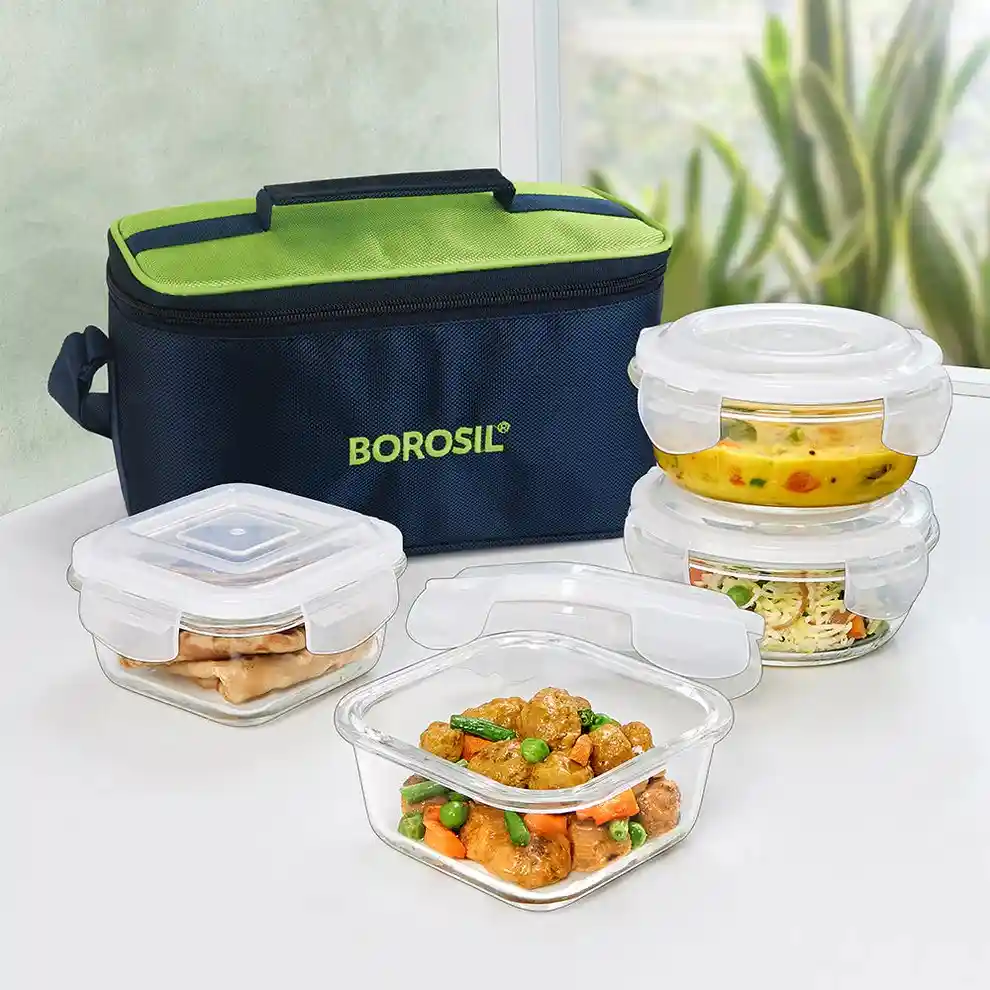 BOROSIL Alfa Green Universal Glass Lunch Box, Set of 4 (320ml x 2 + 240ml x 2)