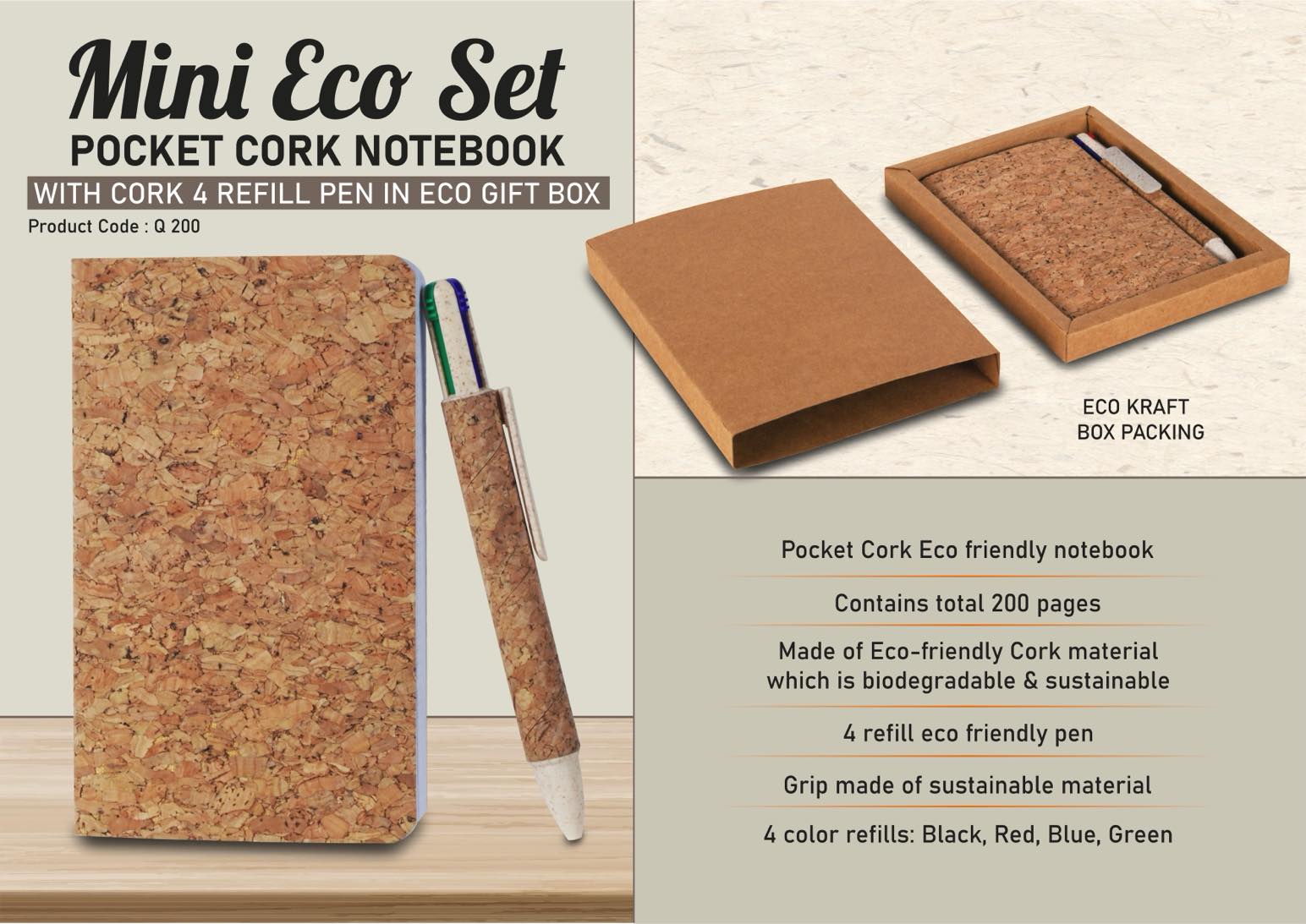 Q200 – Mini Eco Set: Pocket Cork notebook with Cork 4 refill pen in Eco Gift Box