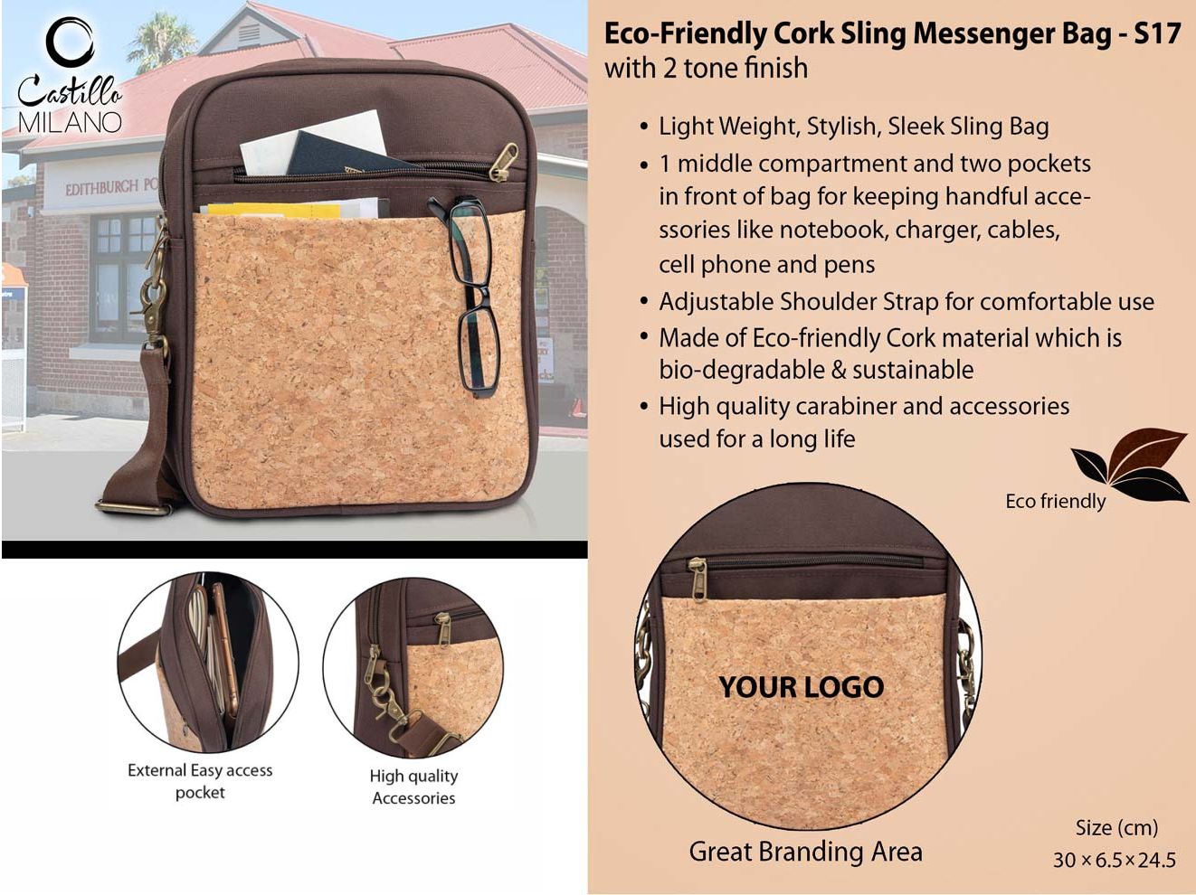 S17 – Eco-Friendly Cork Sling Messenger Bag with 2 tone finish