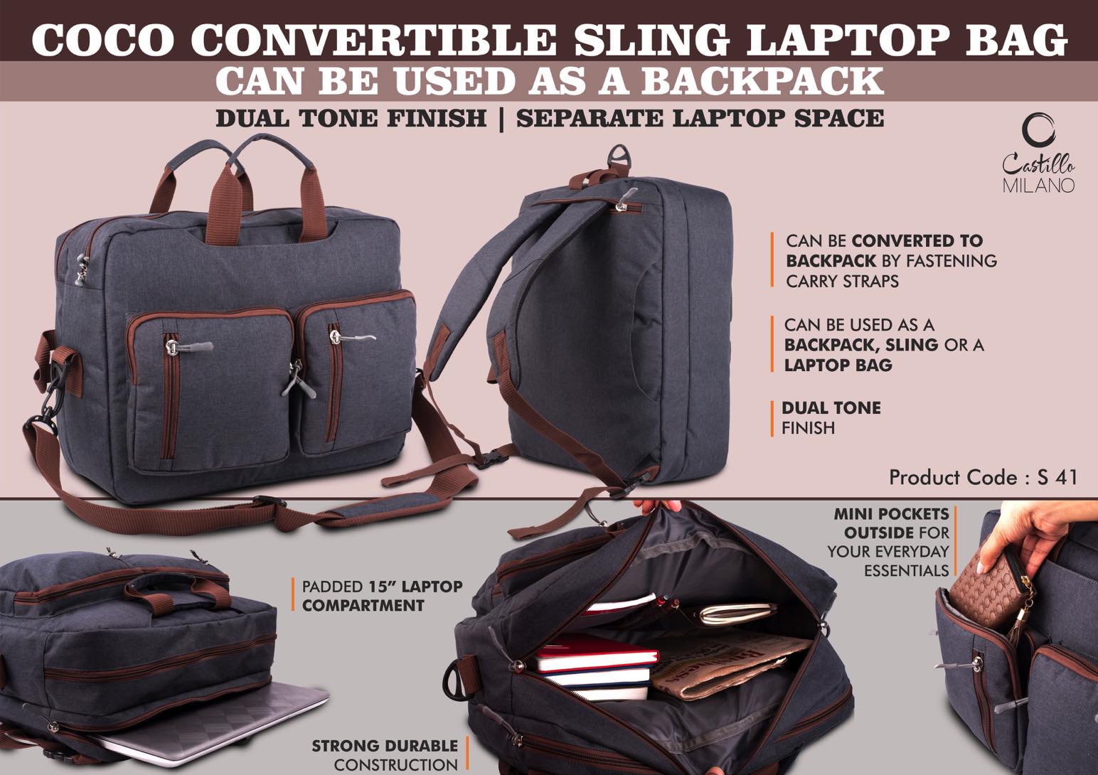 S41 – Coco Convertible Sling Laptop Bag | Can be used as a backpack | Dual tone finish | Separate laptop space