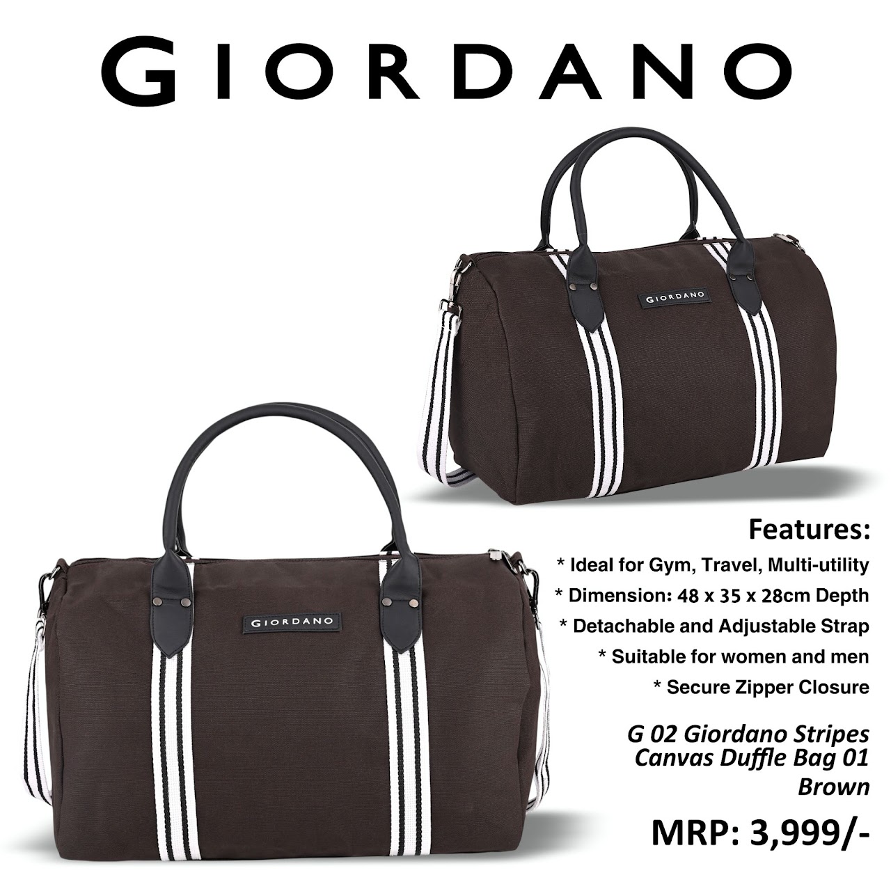 G 02 Giordano Stripes Canvas Duffle Bag 01 Brown