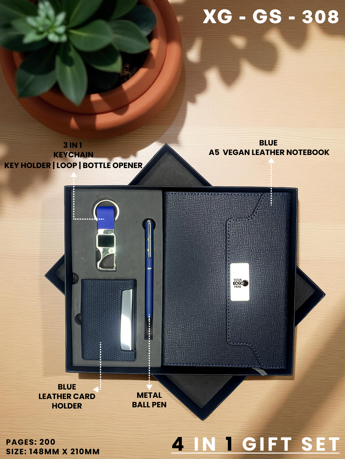 4 in 1 Gift Set ( Keychain, Card holder, Ball Pen & Notebook ) : XG – GS – 308