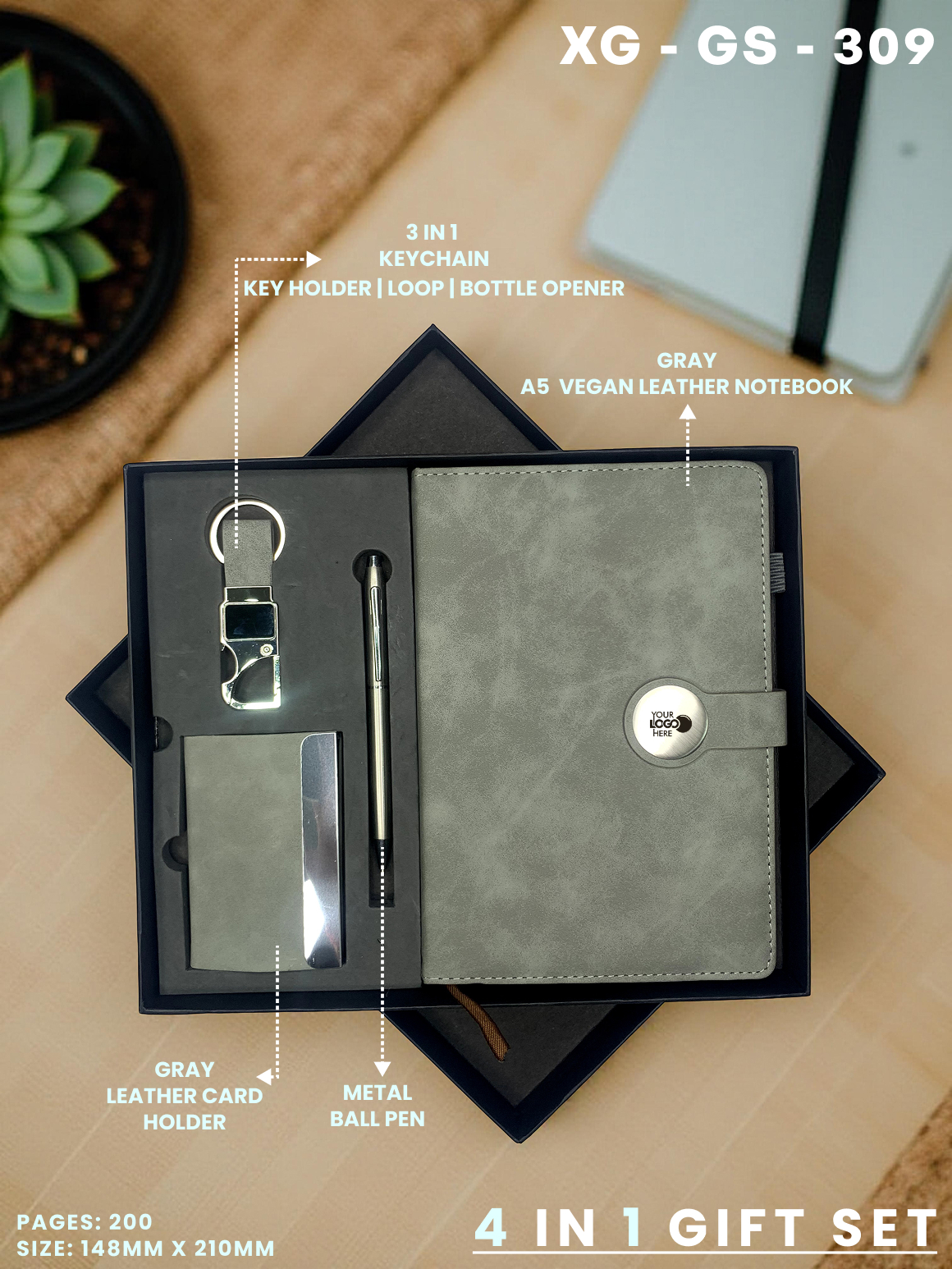 4 in 1 Gift Set ( Keychain, Card holder, Ball Pen & Notebook ) : XG – GS – 309