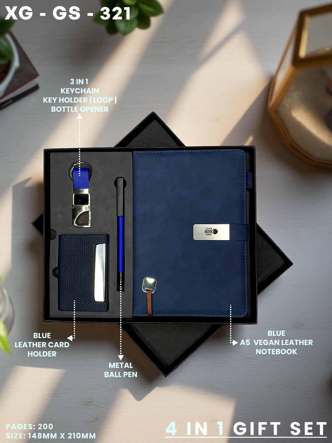 4 in 1 Gift Set ( Keychain, Card holder, Ball Pen & Notebook ) : XG – GS – 321