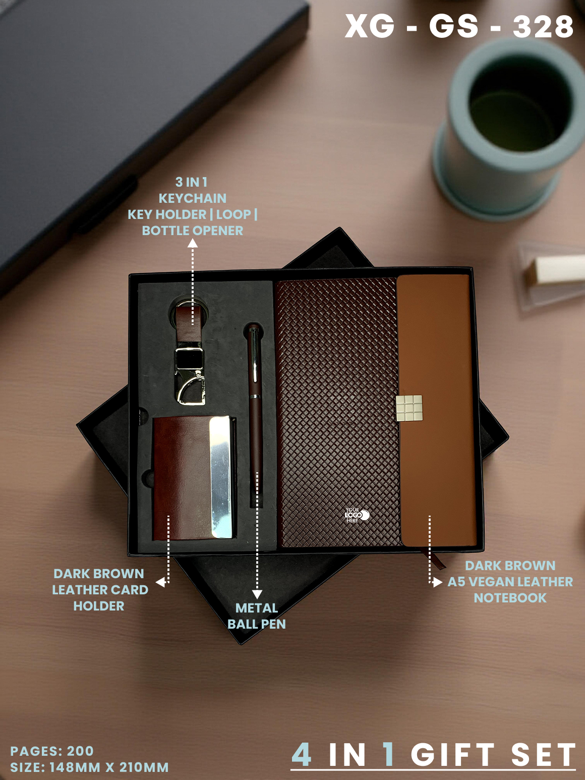 4 in 1 Gift Set ( Keychain, Card holder, Ball Pen & Notebook ) : XG – GS – 328