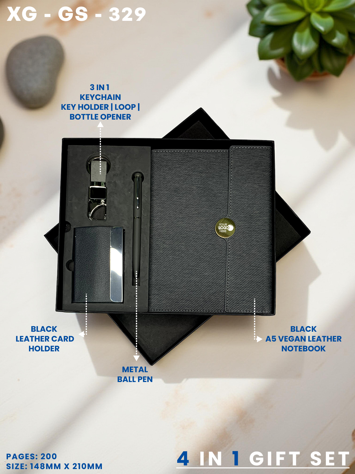 4 in 1 Gift Set ( Keychain, Card holder, Ball Pen & Notebook ) : XG – GS – 329