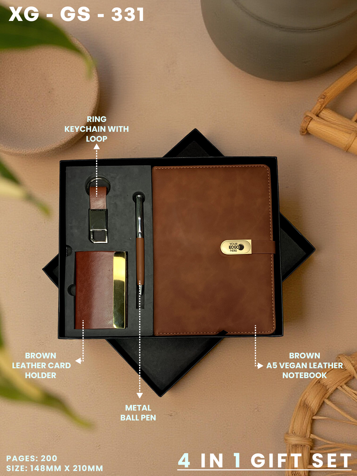 4 in 1 Gift Set ( Keychain, Card holder, Ball Pen & Notebook ) : XG – GS – 331