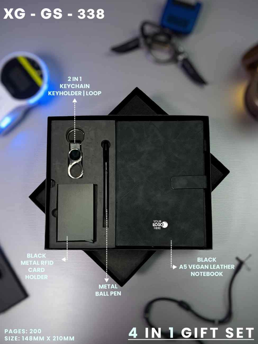 4 in 1 Gift Set ( Keychain, Card holder, Ball Pen & Notebook ) : XG – GS – 338