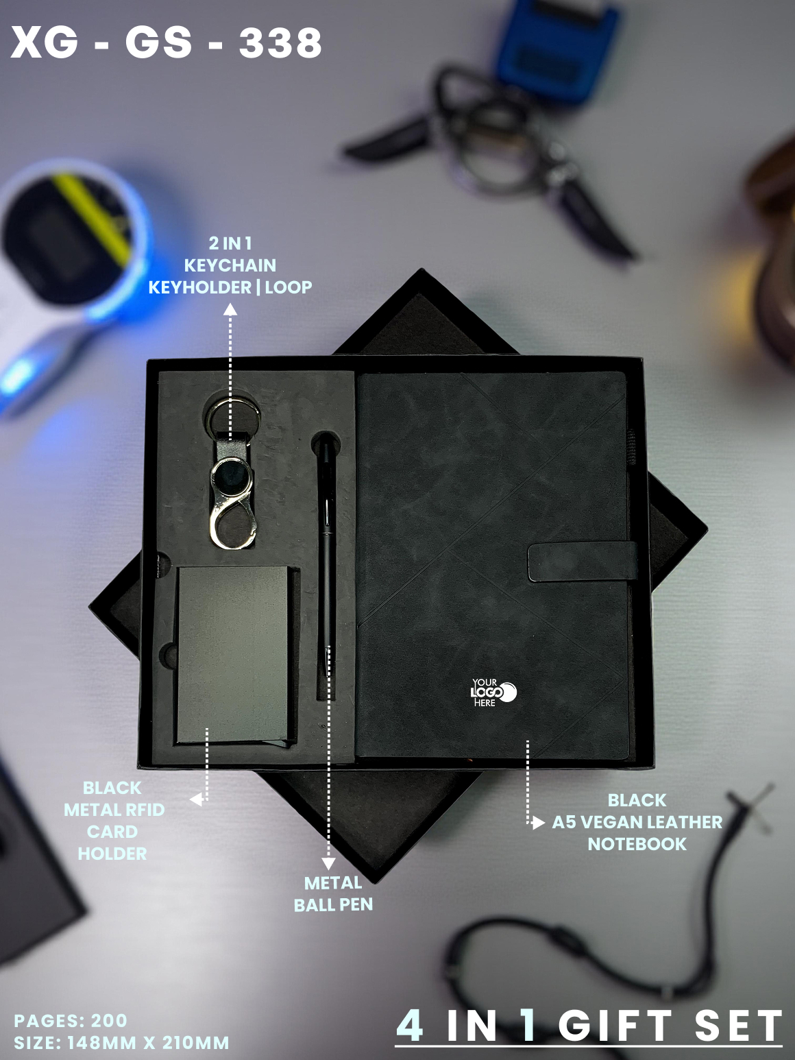 4 in 1 Gift Set ( Keychain, Card holder, Ball Pen & Notebook ) : XG – GS – 338
