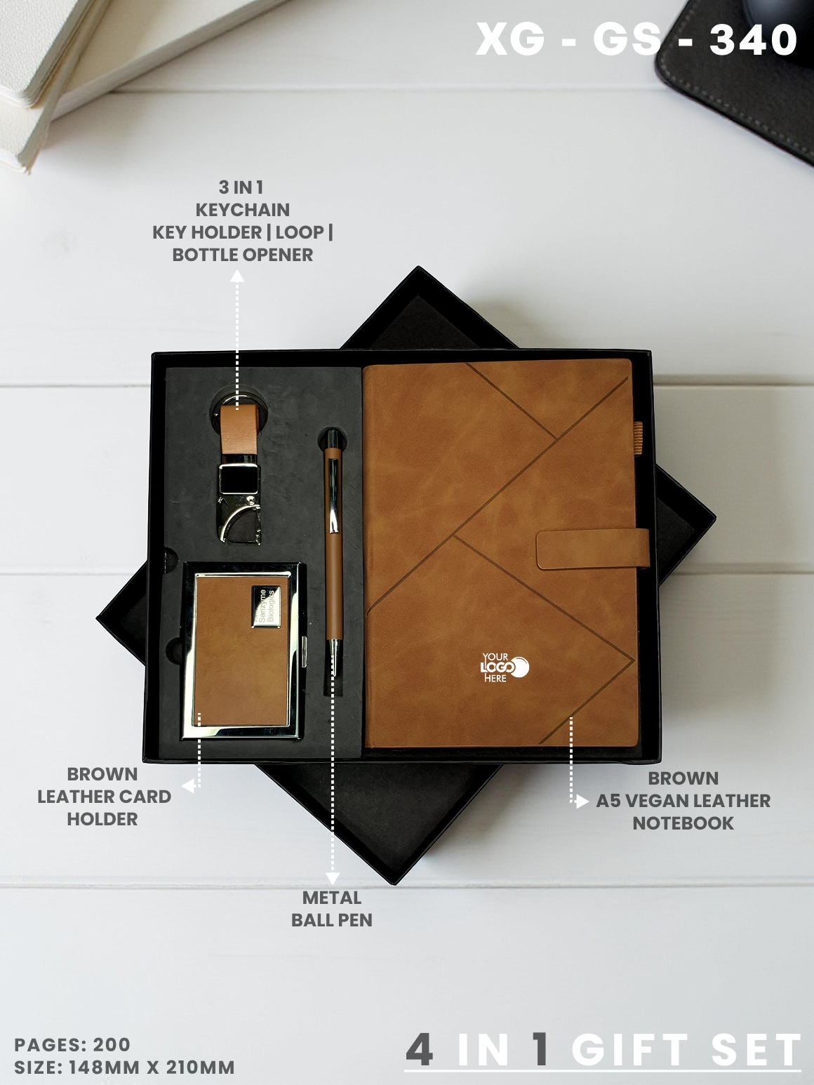 4 in 1 Gift Set ( Keychain, Card holder, Ball Pen & Notebook ) : XG – GS – 340