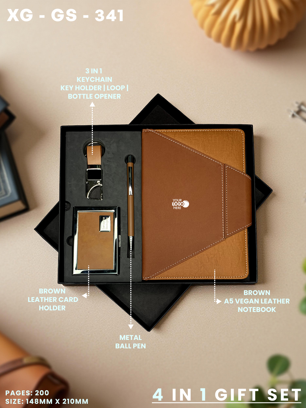 4 in 1 Gift Set ( Keychain, Card holder, Ball Pen & Notebook ) : XG – GS – 341