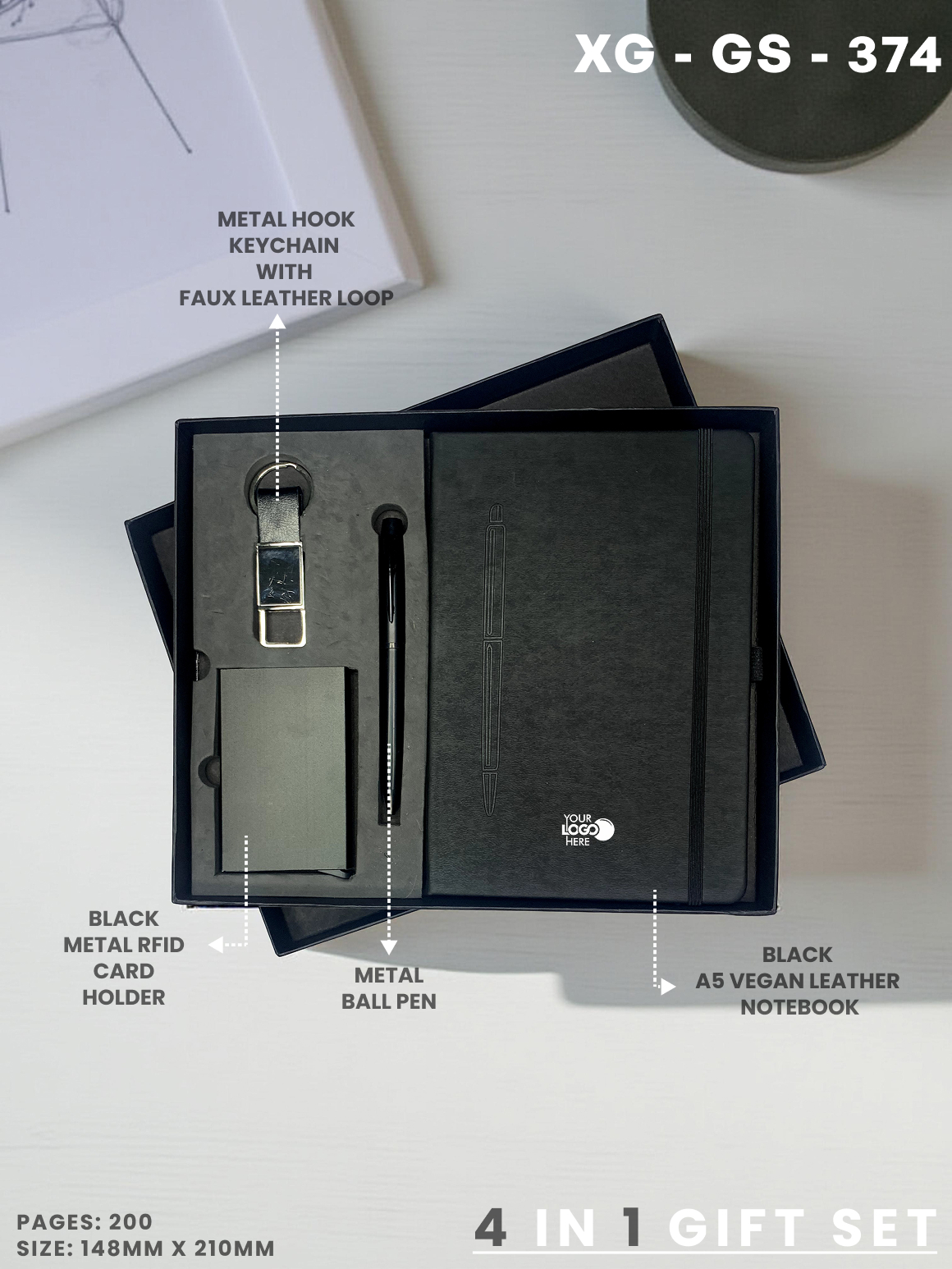 4 in 1 Gift Set ( Keychain, Card holder, Ball Pen & Notebook ) : XG – GS – 374