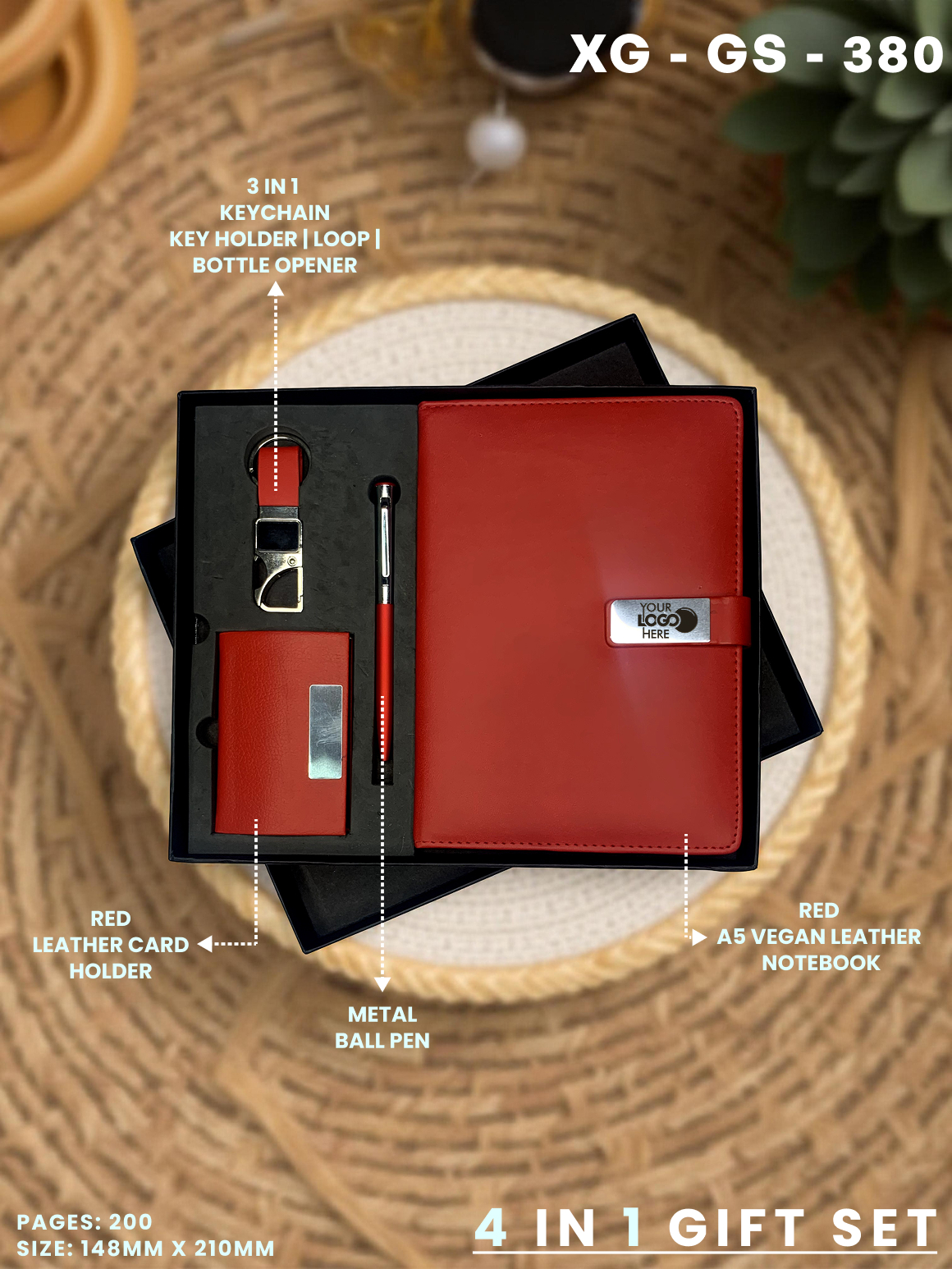 4 in 1 Gift Set ( Keychain, Card holder, Ball Pen & Notebook ) : XG – GS – 380