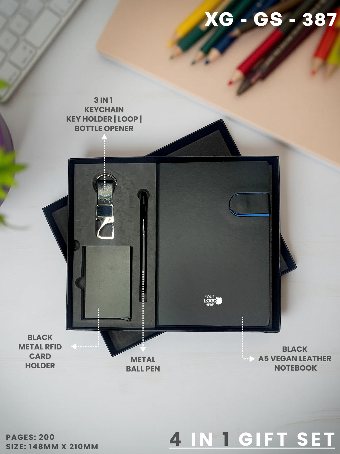 4 in 1 Gift Set ( Keychain, Card holder, Ball Pen & Notebook ) : XG – GS – 387