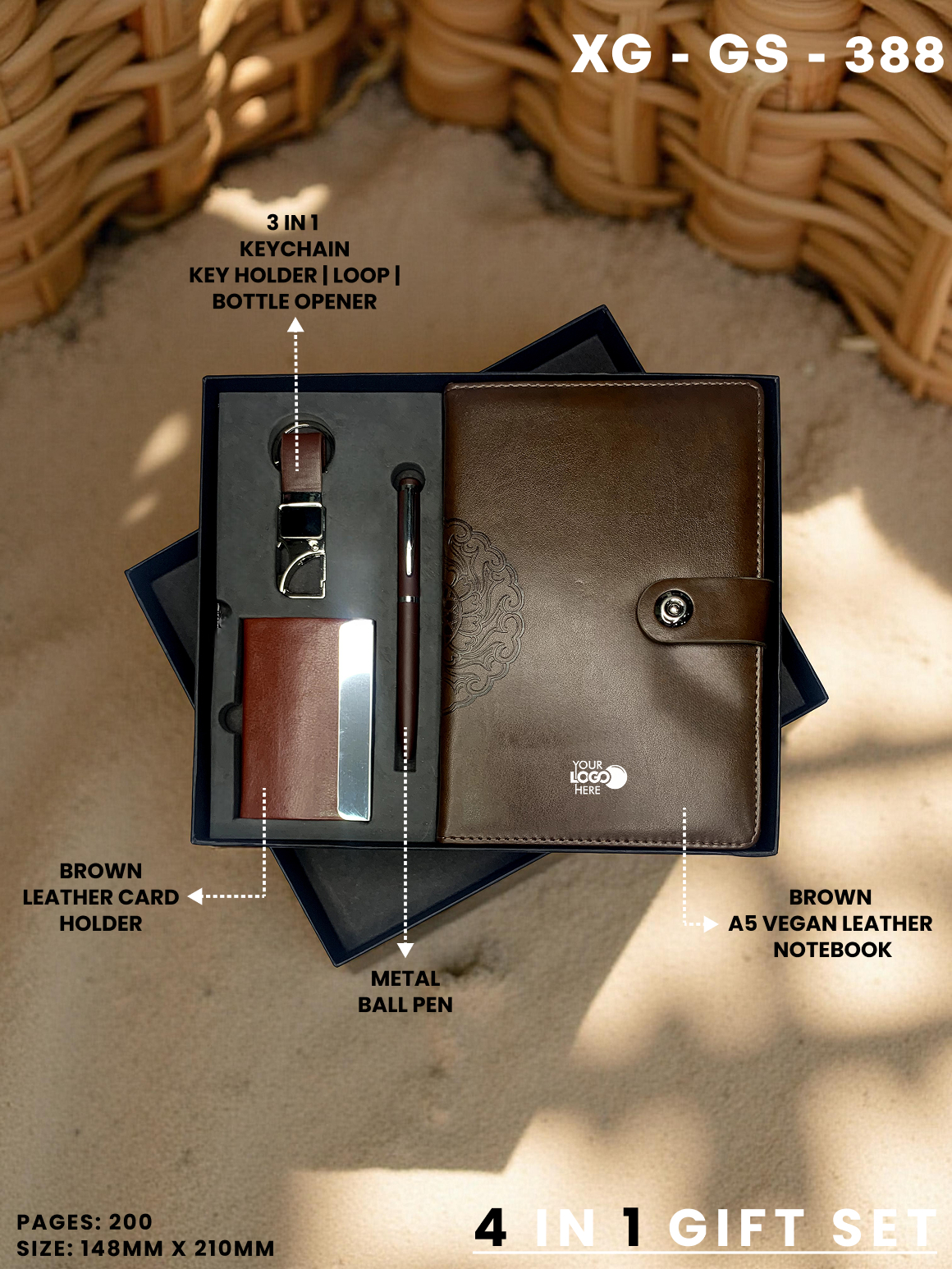 4 in 1 Gift Set ( Keychain, Card holder, Ball Pen & Notebook ) : XG – GS – 388