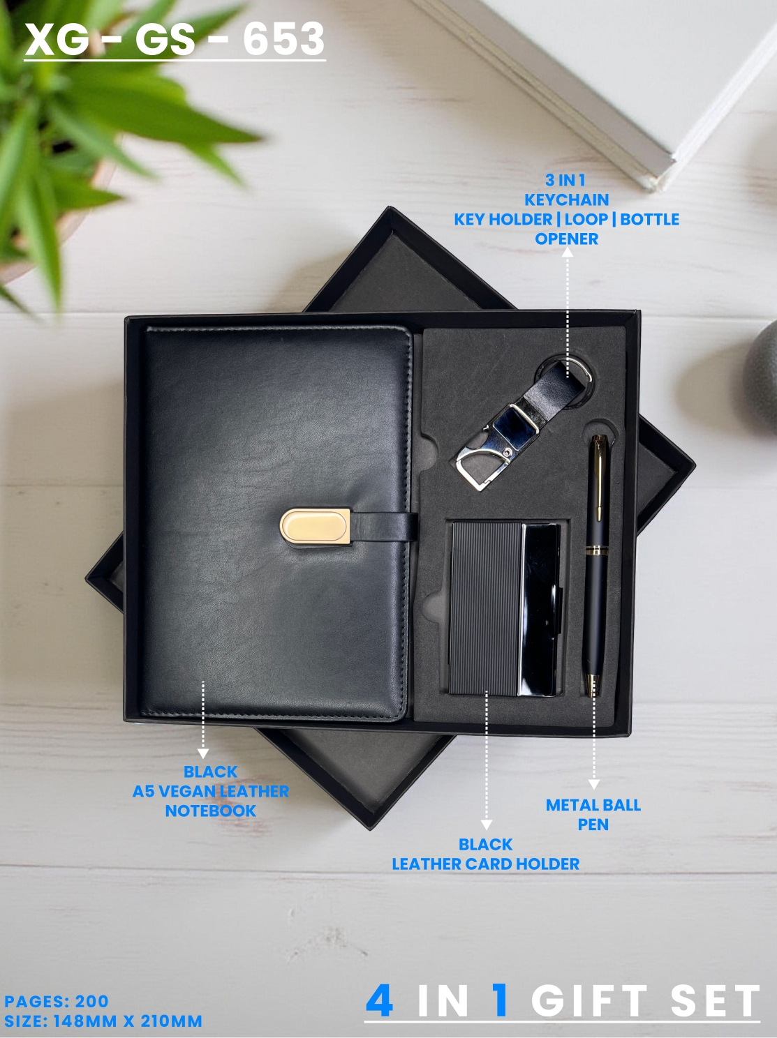 4 in 1 Gift Set ( Keychain, Card holder, Ball Pen & Notebook ) : XG – GS – 653